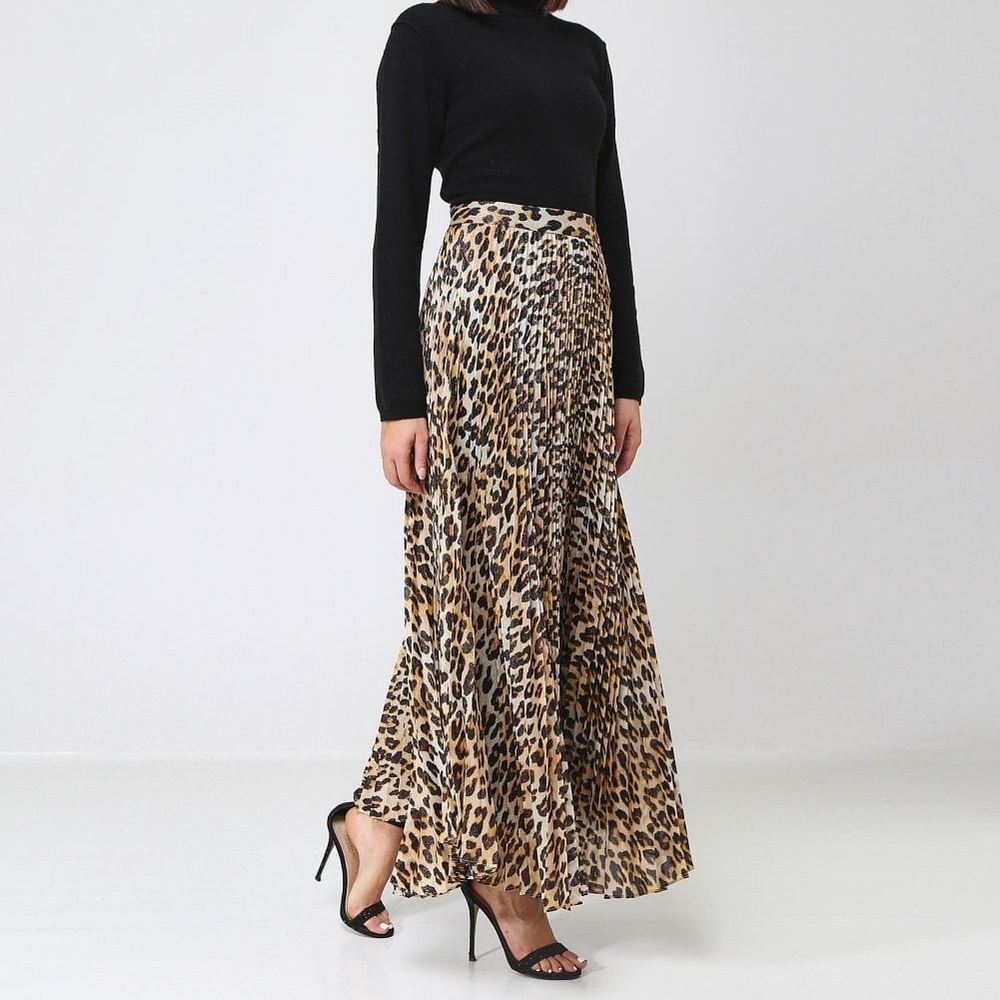 GANNI Georgette Pleated Leopard Maxi Skirt